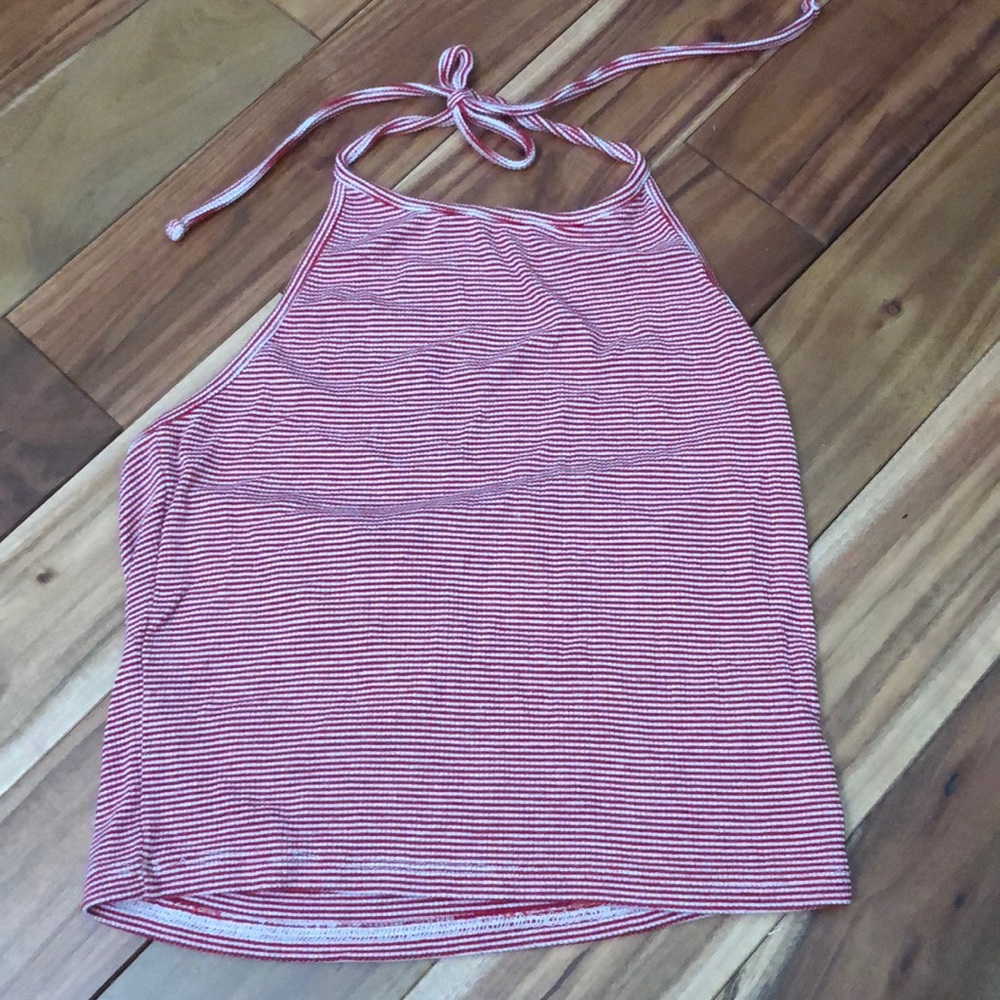 Red and white striped tie up top